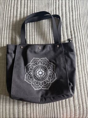 Black Yoga Mat Tote Bag with White Mandala Print